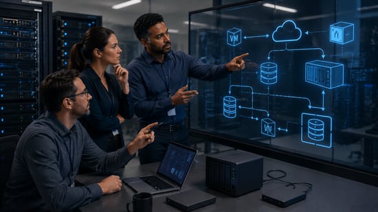 IT and operations team reviewing recovery procedures for RAID, NAS, virtual machine, cloud storage, and external drive scenarios in a server room.