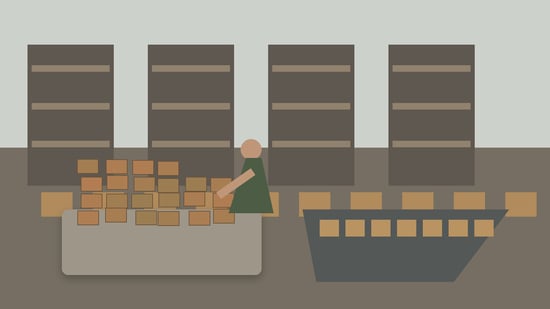 Returned items accumulating at a warehouse rework station while normal fulfilment continues nearby.