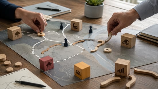 Hands rearranging wooden path pieces on a tabletop strategy map surrounded by business markers, representing the need to revisit decisions when key assumptions change.
