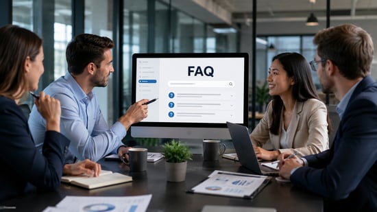 B2B sales team reviewing a searchable FAQ and knowledge base interface during a collaborative meeting in a modern office.