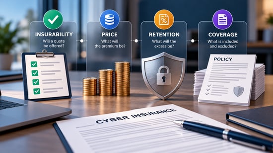 Cyber insurance decision graphic showing insurability, premium price, retention and coverage as separate underwriting outcomes.