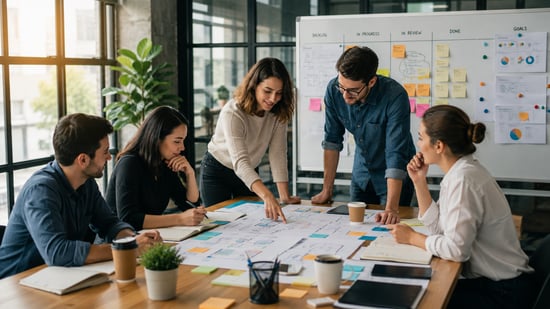 Growing business team collaborating on workflow planning, task priorities, and process improvements around a shared project table.