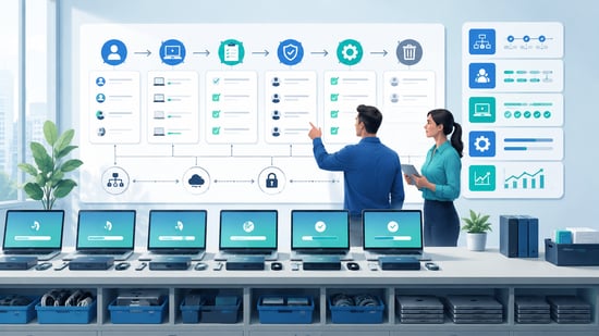 IT managers reviewing standardized onboarding, device, access, security, and automation workflows across multiple laptops.