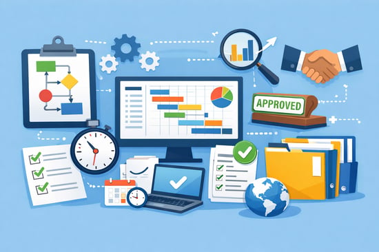 Illustration of standardized project workflows with a process diagram, project timeline dashboard, approval stamp, checklists, folders, magnifying glass, handshake, and scheduling tools on a blue background.