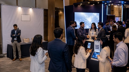 Startup team comparing passive sponsorship signage with an active conference booth where attendees engage with a branded activation experience.