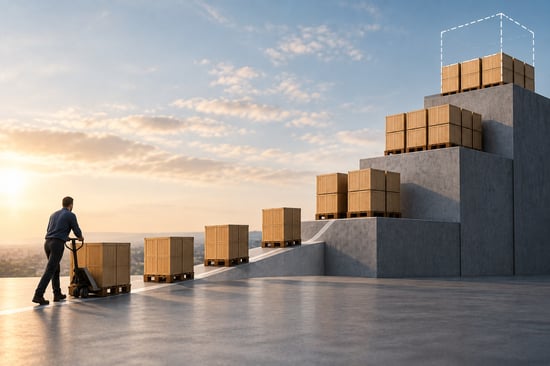 Supplier pathway rising across stepped platforms at sunset, illustrating continuous business demand meeting capacity that expands in stages.