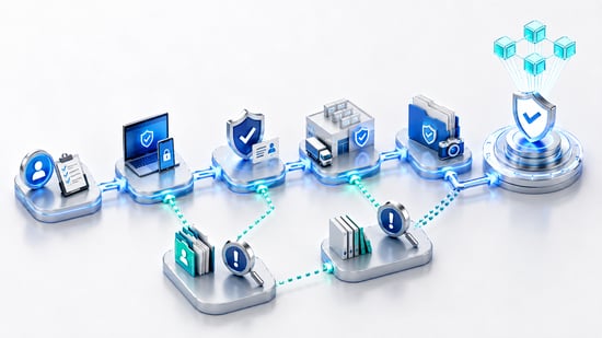 Standardized security workflow connecting users, devices, business systems and evidence checks before automation.