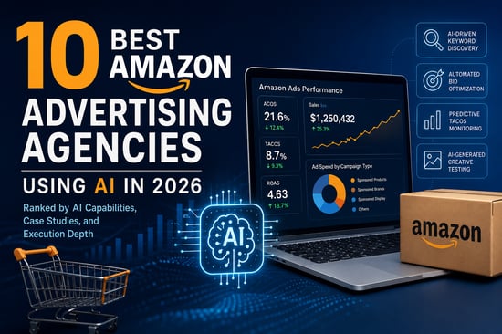 Laptop displaying Amazon advertising analytics, AI optimization metrics, sales-growth charts, and e-commerce campaign performance data.
