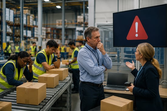 Warehouse operations disrupted by an IT system outage, with staff and managers responding as a warning appears on a large display.