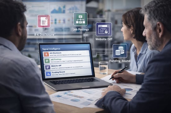 Business team reviewing a laptop dashboard with real-time signals such as filings, hiring, website changes, and funding activity