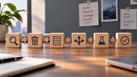 Six-step capacity investment process shown through icons representing diagnosis, simplification, classification, decision, testing and commitment.