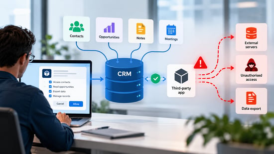 Sales technology security infographic showing a CRM connected to a third-party application, with access permissions and potential risks of unauthorized access, data exports, and sensitive customer information exposure.