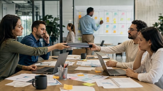 Team members exchanging project documents across a meeting table while colleagues coordinate a workflow on a planning board in the background.
