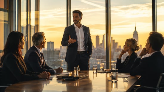 Founder demonstrating executive presence while addressing senior colleagues in a city-view boardroom at sunset.