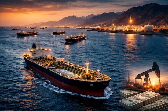 Nighttime LNG tanker and industrial energy infrastructure near a constrained shipping route, representing the Strait of Hormuz energy shock