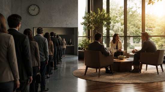 Long bank lending queue contrasted with a faster, more personal non-bank finance consultation.