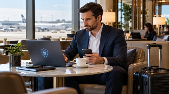 Business executive using a secure laptop and smartphone in an airport lounge, demonstrating cybersecurity best practices and device protection during business travel.