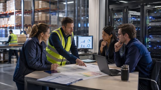 Warehouse operations and IT teams reviewing recovery plans beside server infrastructure, translating business priorities into recovery time and data recovery requirements.