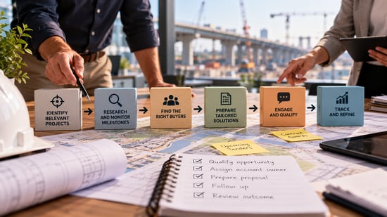 B2B sales professionals reviewing a six-stage lead generation process, from identifying infrastructure projects and buying signals to qualifying buyers, preparing proposals, and tracking sales opportunities.