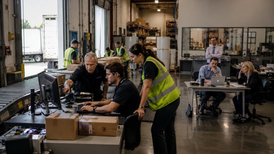 Warehouse staff assessing an IT disruption at a workstation while fulfilment activity continues nearby, illustrating how business impact helps determine recovery priorities.
