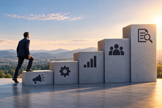Businessperson climbing five rising steps marked with operational, growth, people and analysis symbols, illustrating increasing confidence from a launch signal to buying evidence.