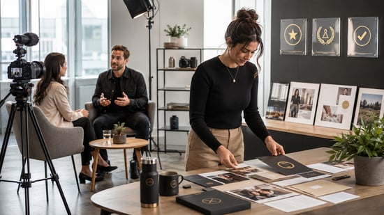 Startup team recording a founder interview and preparing press-kit materials to build credibility through independent media coverage.