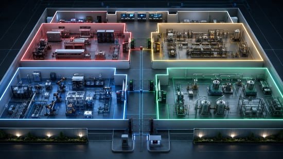 Industrial facility divided into separate security zones with controlled access between operational areas.