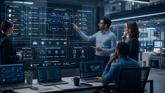 Team reviewing AI integration architecture, data pipelines, legacy systems, and governance workflows during a production implementation meeting.