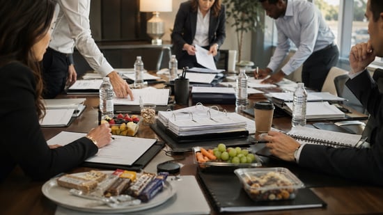 Business team working through documents at a conference table with fruit, nuts, water, and prepared snacks during a busy meeting.