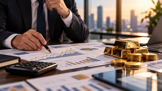 Investment professional reviewing charts comparing gold prices with inflation trends beside physical gold bars and coins.