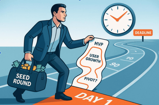 Startup founder carrying seed funding while reviewing an early-stage roadmap marked with MVP, user growth, pivot decisions, and a deadline.