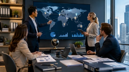 Business leaders reviewing a global expansion map, tax jurisdiction markers, and compliance documents during an international growth planning meeting.