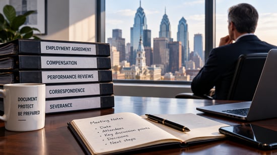 Executive reviewing workplace documents and employment records at a desk overlooking a city skyline.