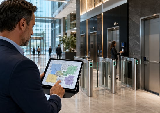 Facilities manager reviewing a digital access control floor plan in a modern commercial lobby with secure turnstiles, elevator access points, and card readers.