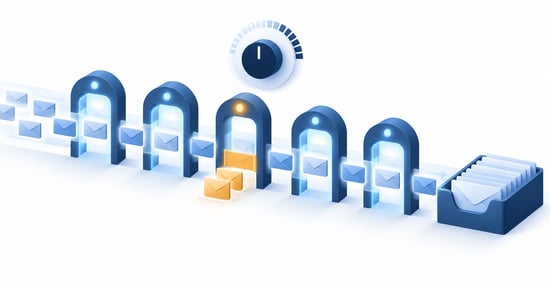 Illustration of email envelopes passing through five checkpoint gates into an inbox, with a few held back, representing a controlled increase in outbound email.