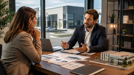 Commercial borrower reviewing property finance documents with a lender during a detailed funding consultation.