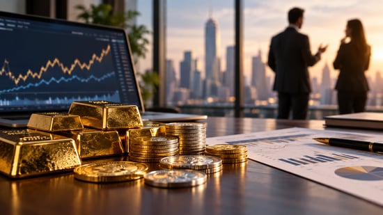 Gold bars and precious metal coins arranged beside portfolio charts and market data in a professional investment office, with two financial decision-makers discussing strategy in the background.