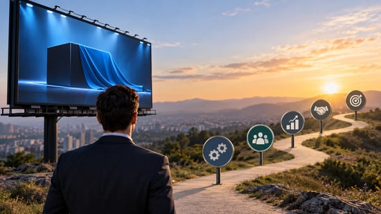 usinessperson viewing a product launch display beside a winding path marked by operational, growth, partnership and target milestones.