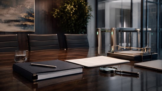 Boardroom documents and magnifying glass representing supplier scrutiny during a B2B buying process.