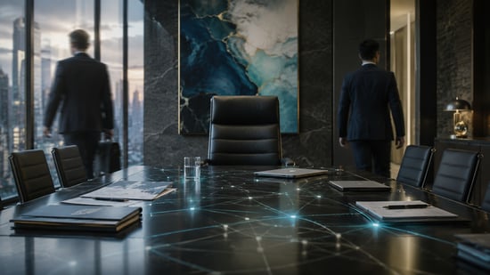 Executive boardroom with an empty leadership chair as one executive departs and another arrives, symbolising organisational change.