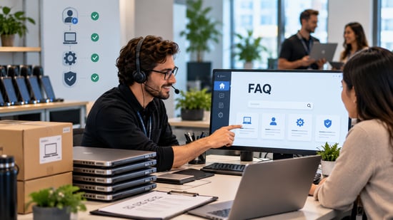 IT support specialist guiding a new employee through an onboarding FAQ portal, covering laptop setup, account access, software configuration, and security requirements.