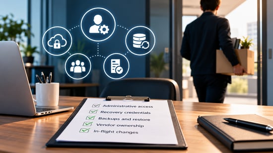 IT handover checklist showing administrative access, recovery credentials, backups, vendor ownership and in-flight changes as an IT lead leaves the business.