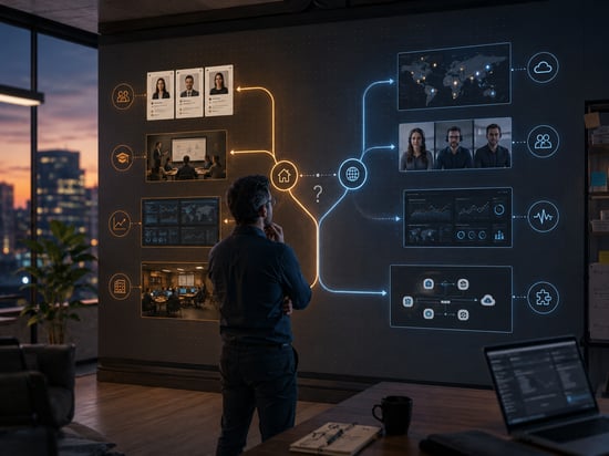 Business leader evaluating whether to build cybersecurity capability internally or use external support, with digital options mapped across a decision wall.