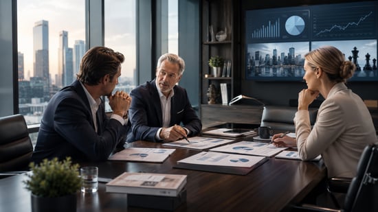 Wealth advisor meeting with business-owner clients to review pre-sale planning, asset protection, and post-exit financial strategy.