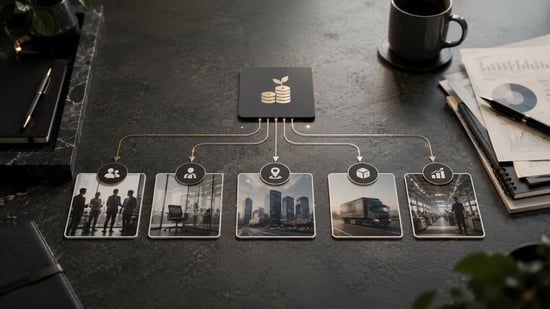 Funding represented as the starting point for connected hiring, leadership, expansion, logistics and operational signals used to assess company priority.