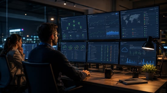 wo IT professionals monitor network, cloud and security dashboards in a modern office at night.
