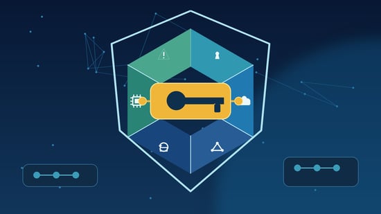 Layered cybersecurity controls secured by a central key within a protective shield.