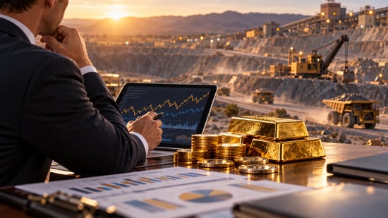 Investment professional comparing mining-company market performance with physical gold beside an active open-pit mine at sunset.