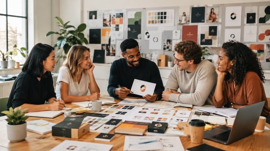 Brand strategy team developing a consistent visual identity using logo concepts, colour palettes, packaging, and design materials.