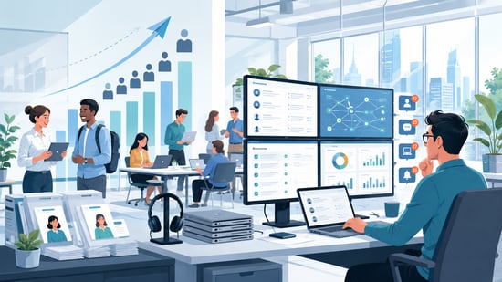 IT specialist monitoring support dashboards as a growing office team expands behind him.